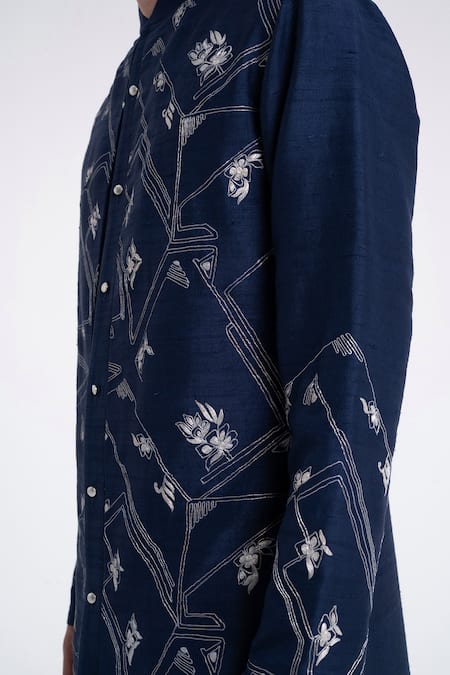 Buy_Dhruv Vaish_Navy Silk Embroidery Contemporary Kurta Set _Online_at_Aza_Fashions