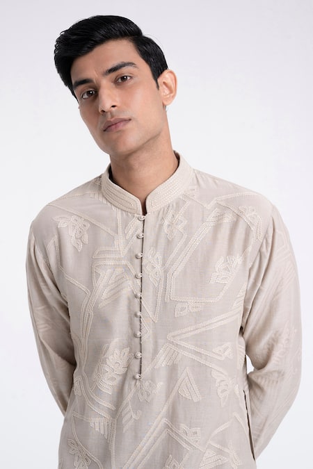 Dhruv Vaish_Gray Chanderi Embroidery Abstract Kurta Set _Online_at_Aza_Fashions