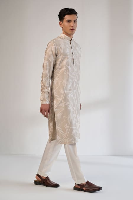 Dhruv Vaish_Gray Chanderi Clasic Cut Printed Kurta Set _Online_at_Aza_Fashions