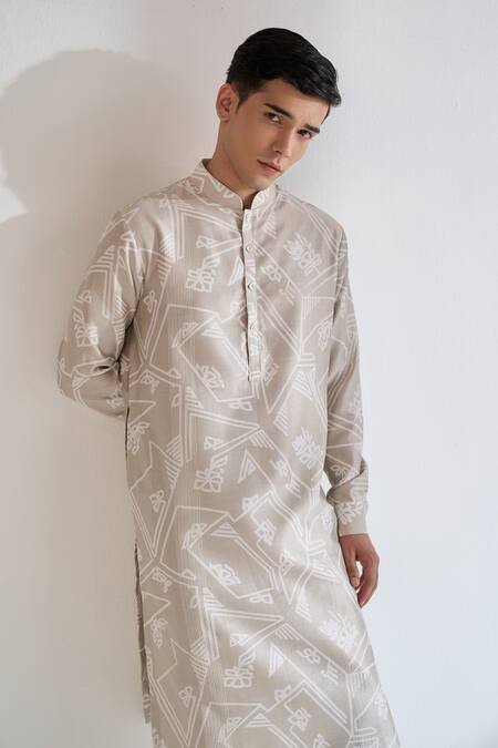 Buy_Dhruv Vaish_Gray Chanderi Clasic Cut Printed Kurta Set _Online_at_Aza_Fashions