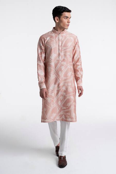 Dhruv Vaish_Pink Chanderi Clasic Cut Printed Kurta Set _Online_at_Aza_Fashions