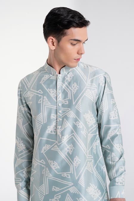 Dhruv Vaish_Blue Chanderi Clasic Cut Printed Kurta Set _Online_at_Aza_Fashions