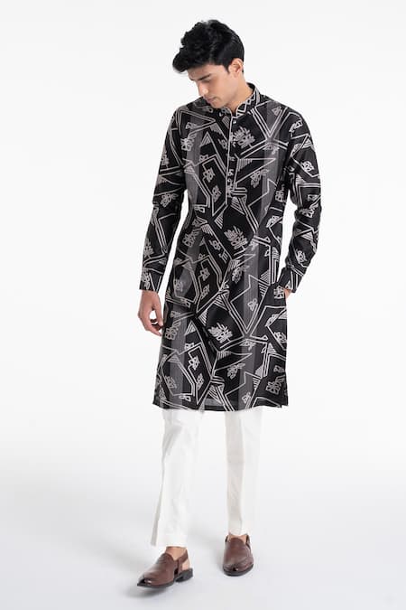 Dhruv Vaish_Black Chanderi Clasic Cut Printed Kurta Set _Online_at_Aza_Fashions