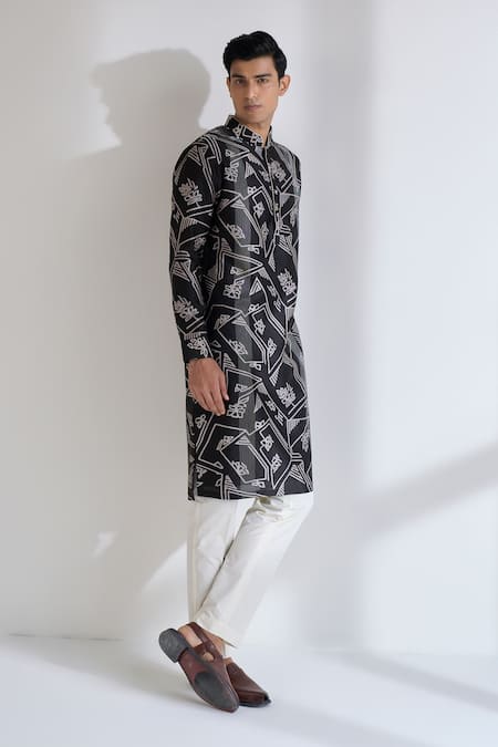 Shop_Dhruv Vaish_Black Chanderi Clasic Cut Printed Kurta Set _Online_at_Aza_Fashions