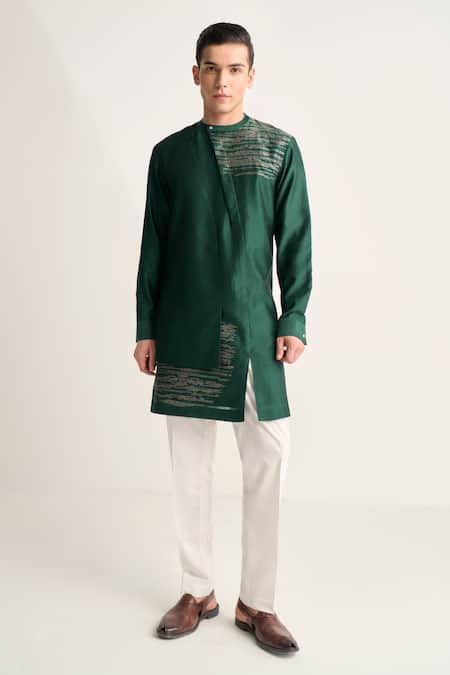 Dhruv Vaish_Green Silk Zari, Embroidery Layered Kurta Set _Online_at_Aza_Fashions