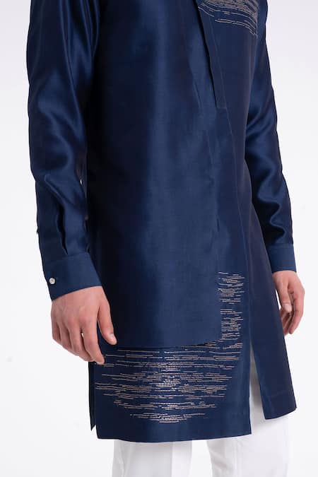 Dhruv Vaish_Navy Silk Zari, Embroidery Layered Kurta Set _Online_at_Aza_Fashions