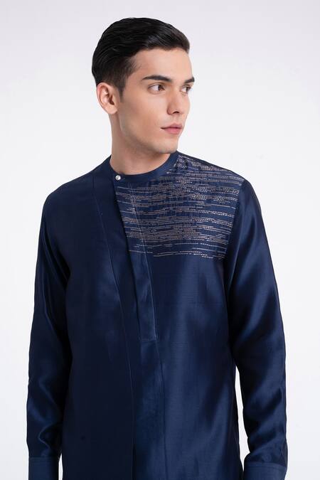 Buy_Dhruv Vaish_Navy Silk Zari, Embroidery Layered Kurta Set _Online_at_Aza_Fashions