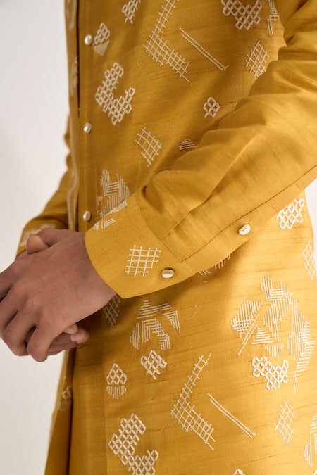 Dhruv Vaish_Yellow Silk Embroidery Contemporary Kurta Set _Online_at_Aza_Fashions