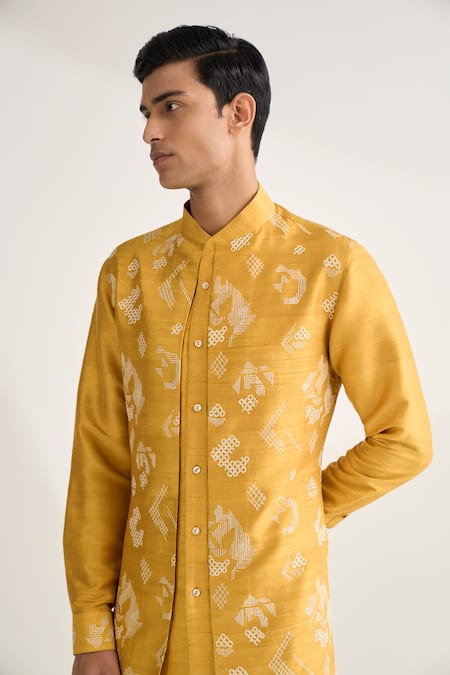Shop_Dhruv Vaish_Yellow Silk Embroidery Contemporary Kurta Set _Online_at_Aza_Fashions