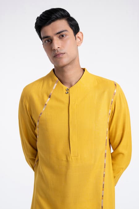 Buy_Dhruv Vaish_Yellow Cotton, Silk Embroidery Thread Kurta Set _Online_at_Aza_Fashions