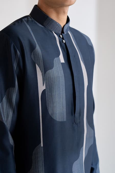 Buy_Dhruv Vaish_Navy Chanderi Printed Classic Kurta Set _Online_at_Aza_Fashions