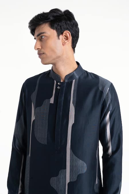 Shop_Dhruv Vaish_Navy Chanderi Printed Classic Kurta Set _Online_at_Aza_Fashions