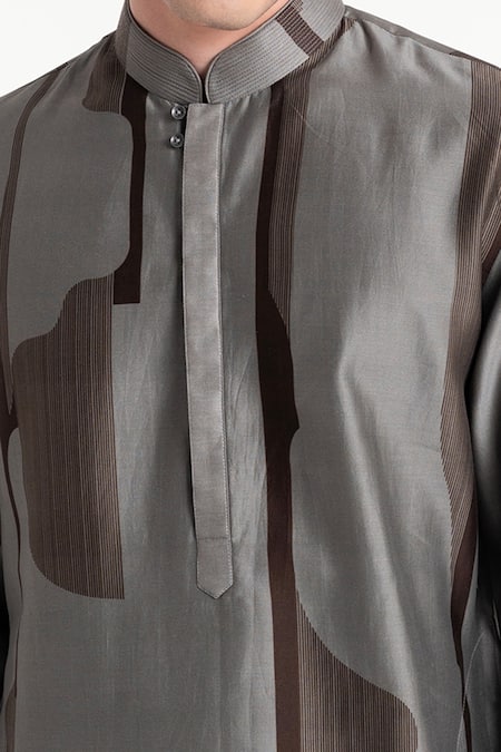 Buy_Dhruv Vaish_Gray Chanderi Printed Classic Kurta Set _Online_at_Aza_Fashions