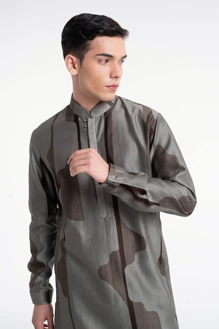 Shop_Dhruv Vaish_Gray Chanderi Printed Classic Kurta Set _Online_at_Aza_Fashions