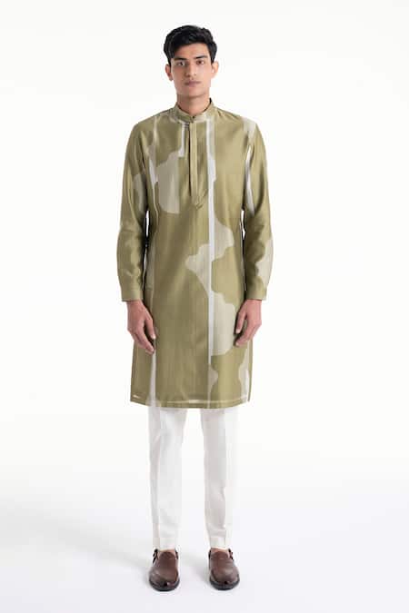 Dhruv Vaish_Green Chanderi Printed Classic Kurta Set _Online_at_Aza_Fashions