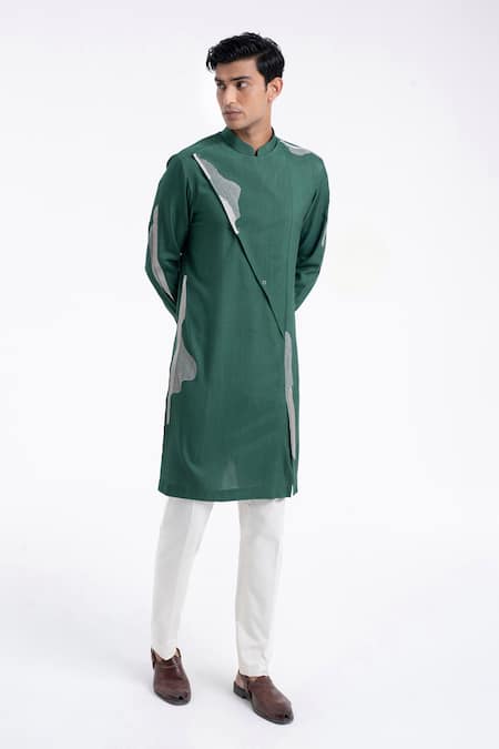 Buy_Dhruv Vaish_Green Cotton, Silk Embroidery Kurta Set _Online_at_Aza_Fashions
