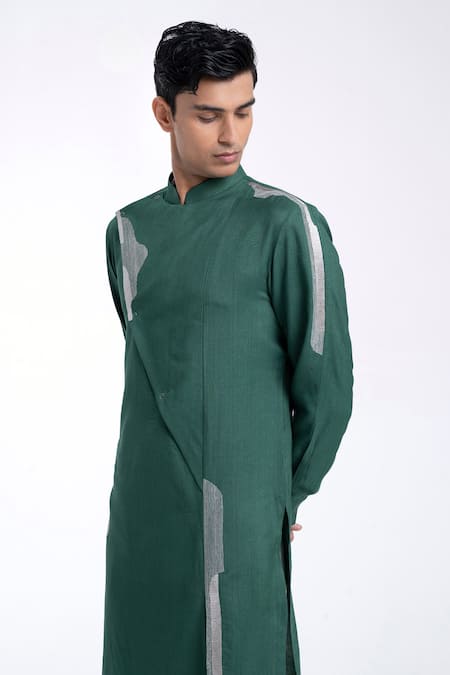 Shop_Dhruv Vaish_Green Cotton, Silk Embroidery Kurta Set _Online_at_Aza_Fashions