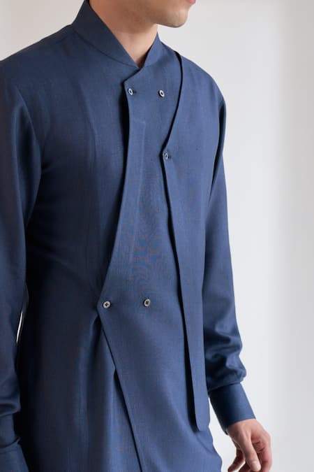 Shop_Dhruv Vaish_Blue Cotton, Silk Multi Panel Asymmetric Kurta Set _Online_at_Aza_Fashions
