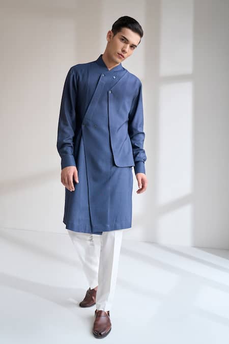 Dhruv Vaish_Blue Cotton, Silk Multi Panel Asymmetric Kurta Set _at_Aza_Fashions