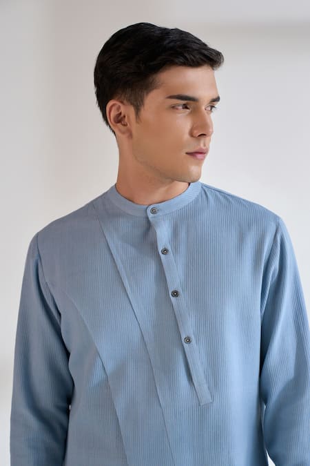 Shop_Dhruv Vaish_Blue Cotton, Silk Diagonal Curve Panel Kurta Set _Online_at_Aza_Fashions