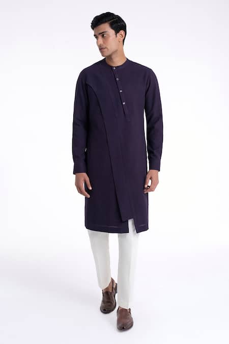 Buy_Dhruv Vaish_Purple Cotton, Silk Diagonal Curve Panel Kurta Set _Online_at_Aza_Fashions