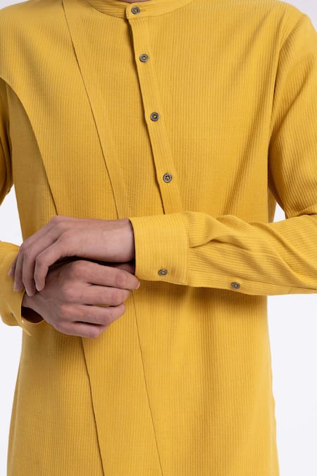 Dhruv Vaish_Yellow Cotton, Silk Diagonal Curve Panel Kurta Set _Online_at_Aza_Fashions