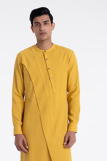 Buy_Dhruv Vaish_Yellow Cotton, Silk Diagonal Curve Panel Kurta Set _Online_at_Aza_Fashions