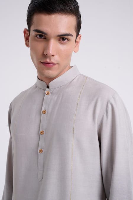 Shop_Dhruv Vaish_Gray Cotton, Silk Embroidery Classic Kurta Set _Online_at_Aza_Fashions