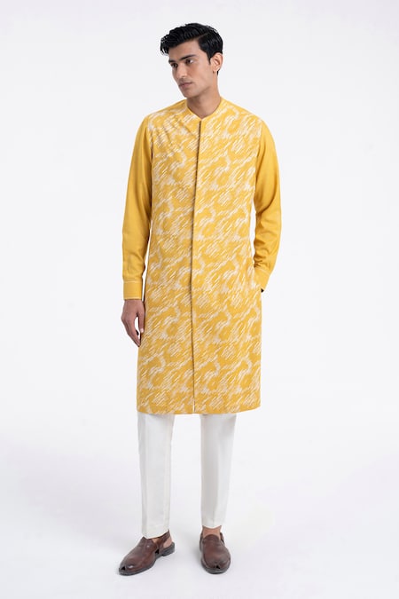 Buy_Dhruv Vaish_Yellow Cotton, Silk Embroidery Front Open High Neck Kurta Set _Online_at_Aza_Fashions