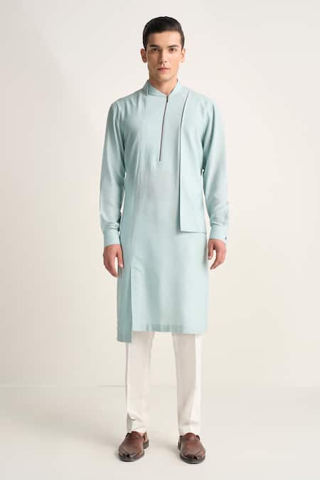Buy_Dhruv Vaish_Sky Blue Cotton, Silk Zipper Layered Kurta Set _Online_at_Aza_Fashions