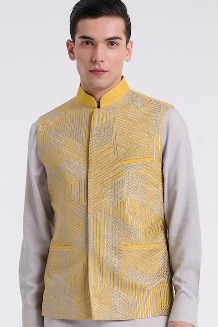 Dhruv Vaish Gold Silk Lace Geometric Jawahar Jacket Online at Aza Fashions Dhruv Vaish_Gold Silk Lace Geometric Jawahar Jacket _Online_at_Aza_Fashions