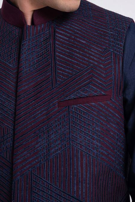 Dhruv Vaish_Navy Silk Lace, Embroidery Geometric Jawahar Jacket _Online_at_Aza_Fashions