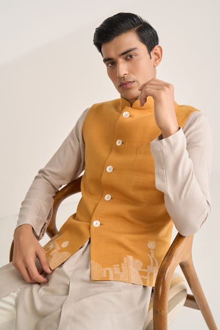 Dhruv Vaish_Yellow Silk Embroidery Thread Jawahar Jacket _Online_at_Aza_Fashions