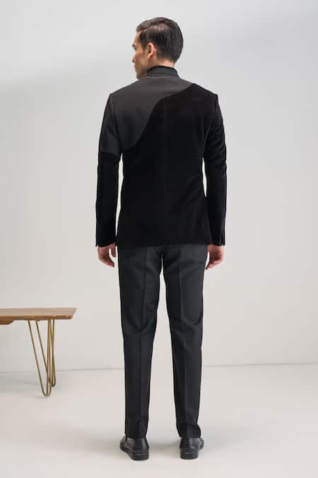 Dhruv Vaish_Black Velvet, Suiting Curve Cut Bandhgala _Online_at_Aza_Fashions