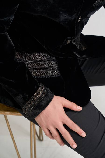 Dhruv Vaish_Black Velvet Embroidery, Beads Bandhgala _Online_at_Aza_Fashions