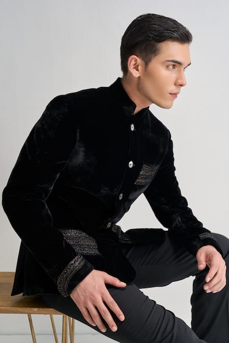 Buy_Dhruv Vaish_Black Velvet Embroidery, Beads Bandhgala _Online_at_Aza_Fashions