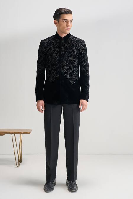 Dhruv Vaish_Black Velvet Embroidery Bandhgala _at_Aza_Fashions