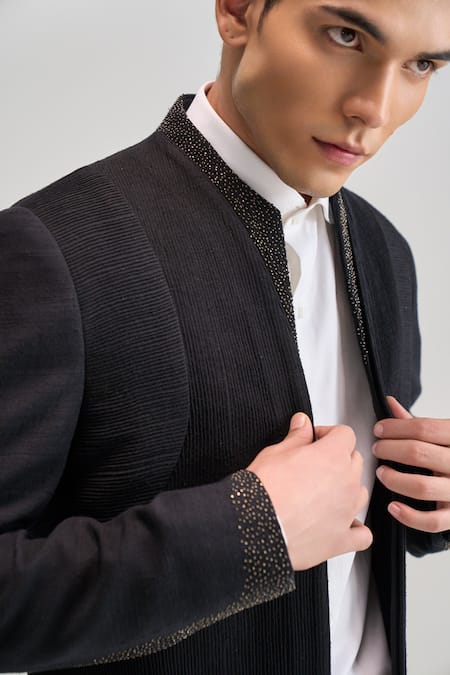 Dhruv Vaish Black Stones Front Open Contemporary Bandhgala Online at Aza Fashions Dhruv Vaish_Black Stones Front Open Contemporary Bandhgala _Online_at_Aza_Fashions