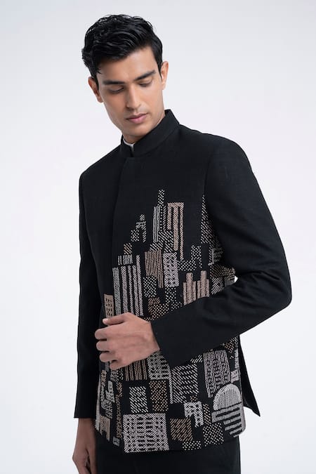Dhruv Vaish Black Silk Embroidery Thread Bandhgala Online at Aza Fashions Dhruv Vaish_Black Silk Embroidery Thread Bandhgala _Online_at_Aza_Fashions