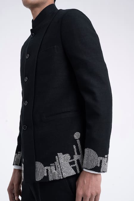 Buy_Dhruv Vaish_Black Silk Embroidery Thread Bandhgala _Online_at_Aza_Fashions