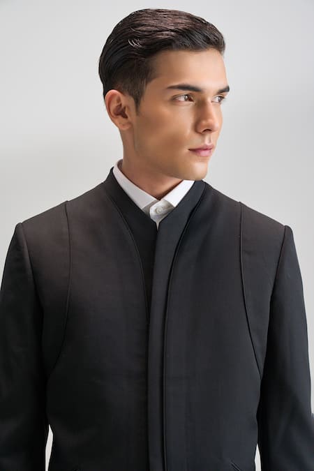 Shop_Dhruv Vaish_Black Suiting Contemporary Bandhgala _Online_at_Aza_Fashions