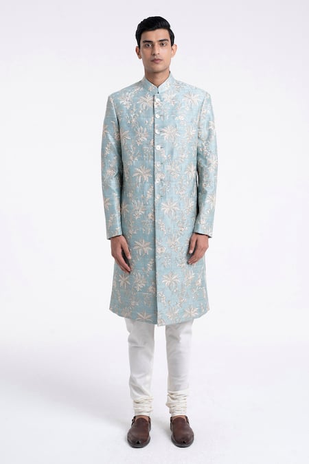 Buy Dhruv Vaish Blue Silk Zari, Embroidery Sherwani Set Online at Aza Fashions Buy_Dhruv Vaish_Blue Silk Zari, Embroidery Sherwani Set _Online_at_Aza_Fashions