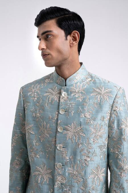 Shop Dhruv Vaish Blue Silk Zari, Embroidery Sherwani Set Online at Aza Fashions Shop_Dhruv Vaish_Blue Silk Zari, Embroidery Sherwani Set _Online_at_Aza_Fashions