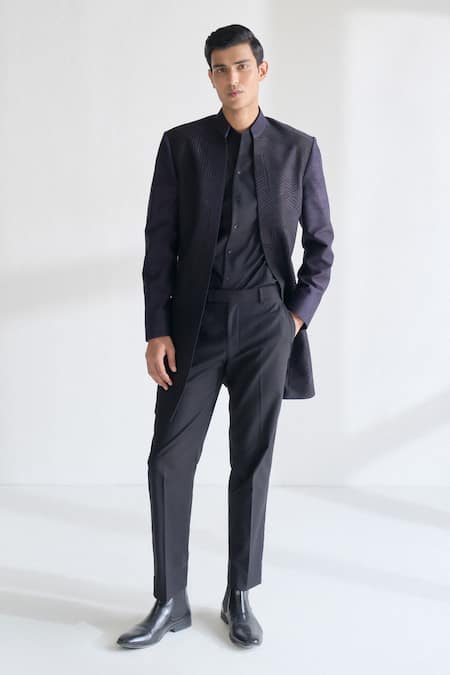 Dhruv Vaish_Purple Silk Embroidery Front Open Sherwani _Online_at_Aza_Fashions