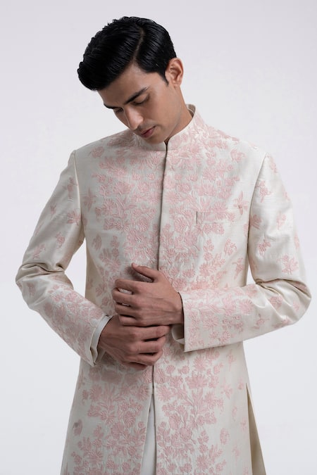 Dhruv Vaish_Cream Silk Embroidery Sherwani Set _Online_at_Aza_Fashions