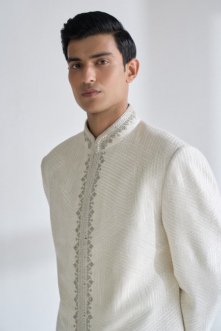 Dhruv Vaish_Ivory Silk Embroidery, Lace Metal Sherwani Set _Online_at_Aza_Fashions