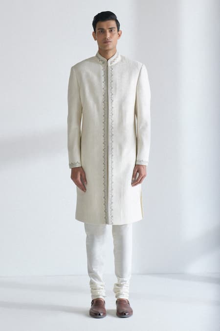 Buy_Dhruv Vaish_Ivory Silk Embroidery, Lace Metal Sherwani Set _Online_at_Aza_Fashions