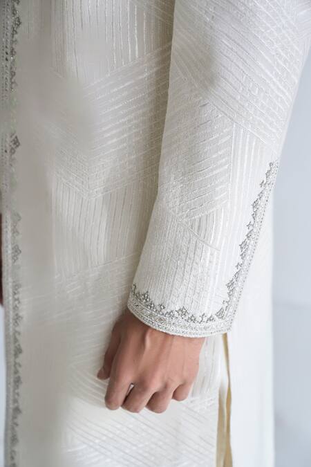 Shop_Dhruv Vaish_Ivory Silk Embroidery, Lace Metal Sherwani Set _Online_at_Aza_Fashions