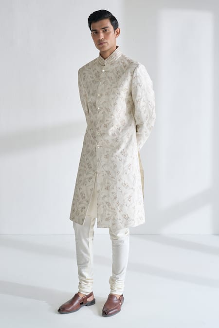 Dhruv Vaish Ivory Silk Embroidery, Zari Grometric Sherwani Set Online at Aza Fashions Dhruv Vaish_Ivory Silk Embroidery, Zari Grometric Sherwani Set _Online_at_Aza_Fashions
