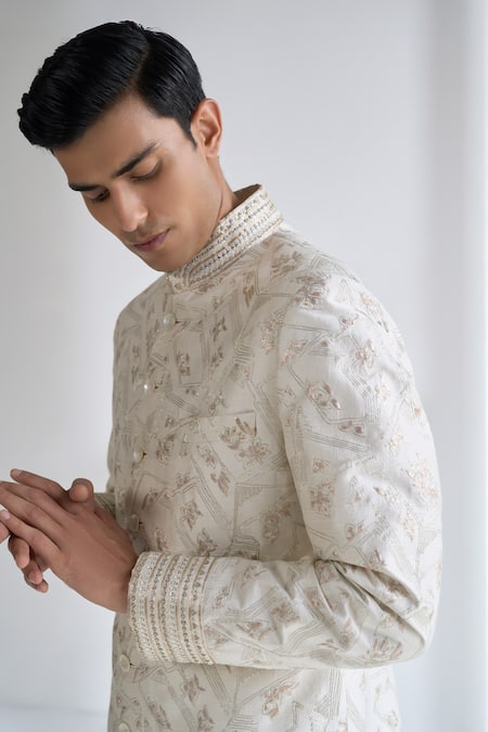 Buy Dhruv Vaish Ivory Silk Embroidery, Zari Grometric Sherwani Set Online at Aza Fashions Buy_Dhruv Vaish_Ivory Silk Embroidery, Zari Grometric Sherwani Set _Online_at_Aza_Fashions